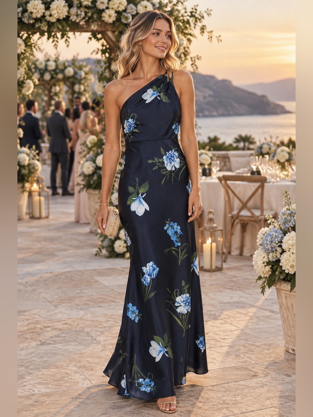 Sachin + Babi Dolphin Navy Blue One-Shoulder Floral Maxi Dress